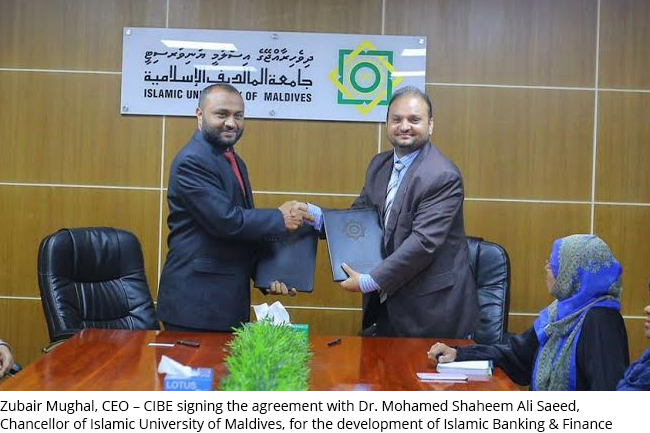 Zubair Mughal, CEO - CIBE signing the agreement with Dr. Mohamed Shaheem Ali Saeed, Chancellor of Islamic University of Maldives, for the development of Islamic Banking & Finance