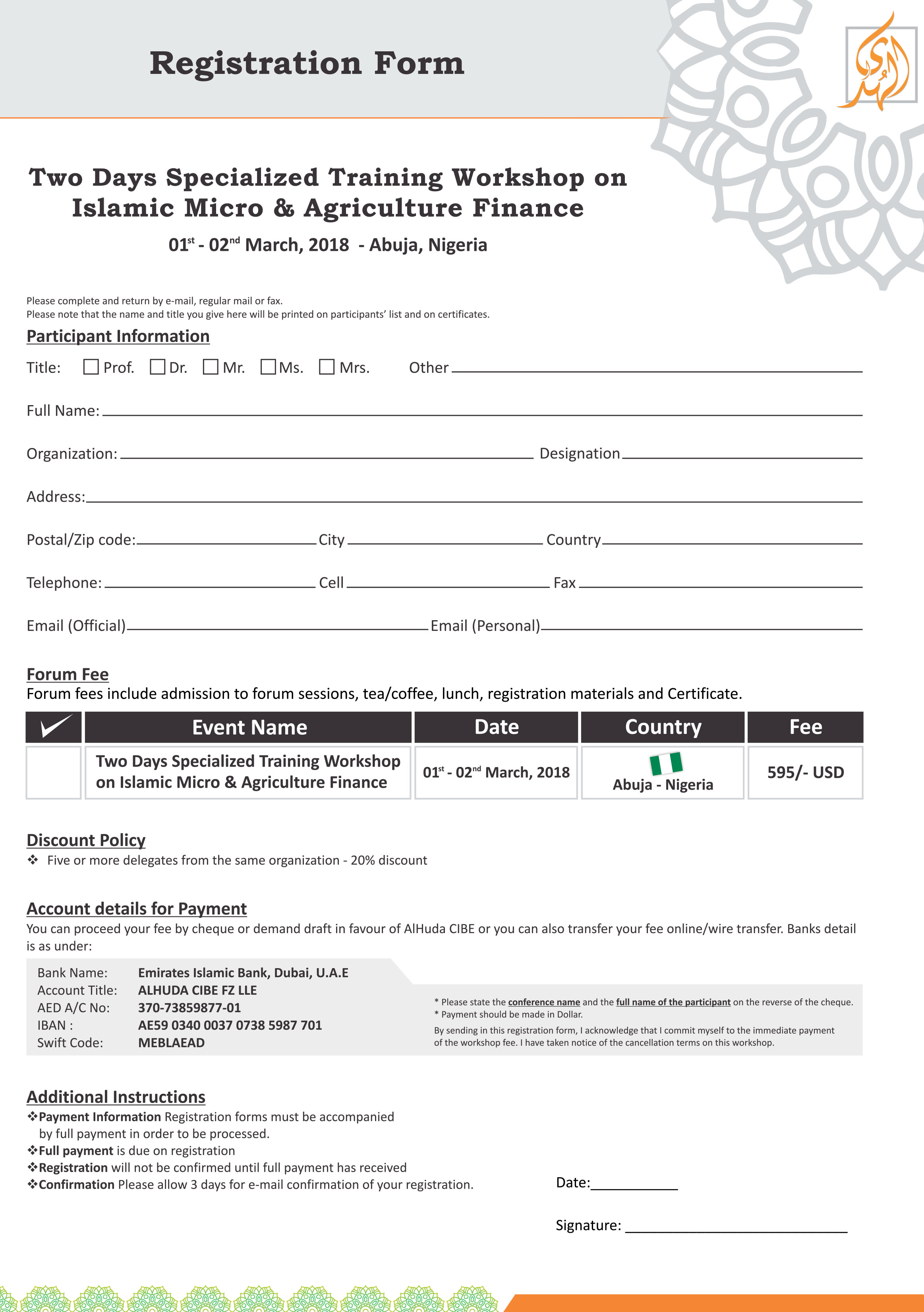 Registration - Two Days Specialized Training Workshop on Islamic Micro & Agriculture Finance will be held on 1st - 2nd March, 2018 at Abuja - Nigeria